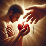 A symbolic representation of a person, visibly hurt or vulnerable, offering their wounded or shattered heart to a larger, comforting hand symbolizing God _Healing (1)
